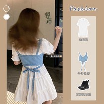 Fried Street bubble sleeve dress two-piece summer new students Korean version of loose denim suspender skirt suit women