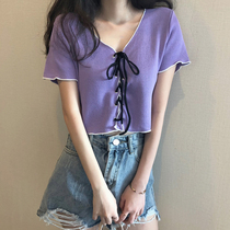 summer 2021 new Korean version purple short-sleeved t-shirt womens short slim design sense lace-up v-neck collarbone bm top
