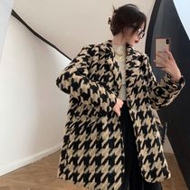 Houndstooth wool woolen coat women tweed autumn and winter thick waist long coat small fragrance socialite style