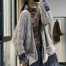 Morrie autumn original literary retro National style printed patch loose casual knit Joker cardigan sweater women