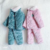 Autumn and Winter Childrens padded cotton home clothes three flannel warm boys and girls pajamas set coral velvet