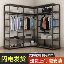 Metal walk-in cloakroom coat rack open homemade corner rack floor hanging clothes cabinet rack