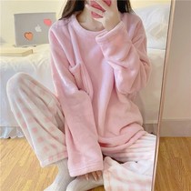 South Korea ins sweet coral fleece pajamas women autumn and winter plus velvet padded flannel can be worn outside home clothing suit
