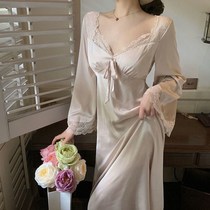 Sleeping skirt women's French V-neck sexy lace stitching dress spring and autumn 2021 new satin home clothing long sleeve skirt