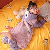 Childrens pajamas female boys autumn and winter flannel plus velvet thickened mid-toddler suit dressing gown cute home wear