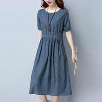 Printed cotton and linen dress 2020 summer new lady middle age skirt 35-45 women's summer waist long skirt