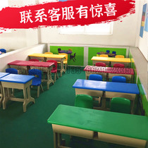 Kindergarten table and chairs suit preschool toddler children plastic class table and chairs double plastic steel table and chair stool