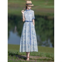 National wind cotton and hemp large size womens clothing 2021 retro new summer waist thin temperament printed long dress
