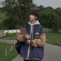E Hezi Autumn Men's Baseball Collar Jacket Retro Contrast Clothes Single-breasted Embroidered Student Tide Jacket