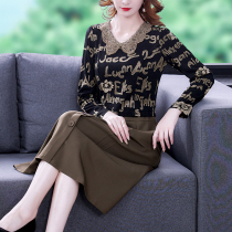 Large size women's mother your wife spring and autumn dress noble elegant temperament 2021 new printed fake two pieces
