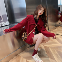 2021 New Red Large Lapel Sweater Women's Fall Winter Loose Outer Coat Knitted Cardigan Japanese Design Sense