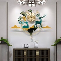 Quartz new Chinese creative clock home fashion wall clock living room Double Deer ginkgo biloba silent clock atmospheric wall
