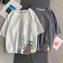 Dragon cat printed linen short sleeve T-shirt male summer ins Chauer Tide Cards Middle School Students Easy Day Ensemble Retro Teenagers Clothes