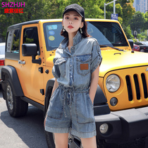 Women's one-piece pants 2020 summer new tooling high waist thin wide leg casual thin denim one-piece Shorts Set
