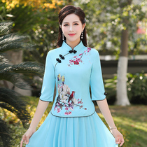 Improved Chinese style suit women's short sleeve national Tang dress mother's cheongsam top Han suit two piece skirt women's wear of the Republic of China