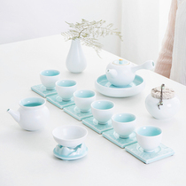 Tea set set household ceramic gift box Nordic simple shadow green glaze Ding kiln White kung fu teapot tea set Jingdezhen