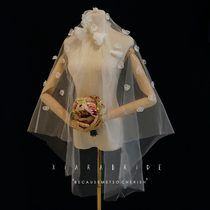 新款韩式甜美超仙花朵新娘头纱长款婚礼头饰仙女拍照影楼软头纱