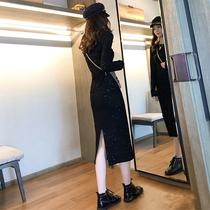 Black knitted dress women wear slim slim temperament long knee-length hip bottoming sweater skirt in autumn and winter