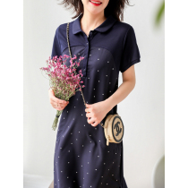 FENPERATE French polka dot navy blue dress 2021 summer new temperament commuter short-sleeved midi dress