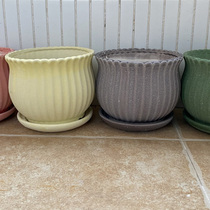 Large flowerpot ceramic with tray Nordic style simple and creative green rolow pottery indoor household ceramic basin