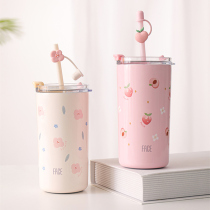 Face with straw thermos cup 316 stainless steel girl heart ins Wind cute large capacity portable milk tea cup children