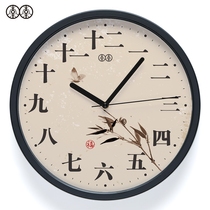 Li Li art wall clock wall watch Chinese retro Chinese style flowers and birds Chinese painting solid wood living room silent quartz table clock