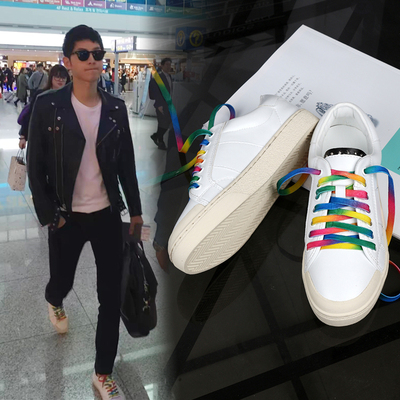 宋仲基同款彩色韩版彩虹系带休闲运动学生平底板鞋单鞋小白鞋女夏