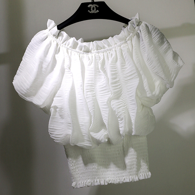 甜美一字领露肩百褶雪纺衫蓬蓬公主泡泡袖短袖松紧收腰显瘦上衣女
