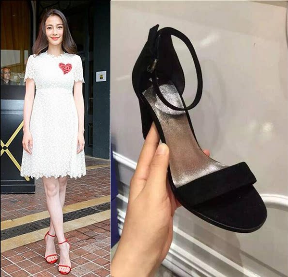 2016夏baby明星同款sw简约百搭真皮一字扣带高跟凉鞋露趾粗跟女鞋
