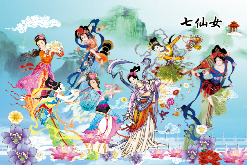 高清七仙女画像佛像海报丝绢布挂画定制客厅装饰画要挂轴需另拍