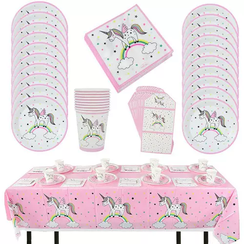 Единорог Тематическая вечеринка Одноразовая посуда Чашки Тарелки Tablecl
