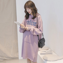 Pregnant womens sweatshirt long spring and autumn fashion tide loose large size coat skirt autumn winter dress plus velvet thickened
