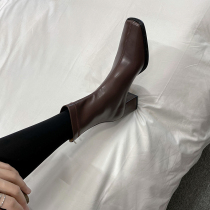 Square head white leather middle heel thick heel thin boots 2021 spring and autumn single boots beige zipper high heel stretch boots women
