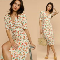 Rouje tea break skirt female floral orange terrier 2022 summer new French retro one-piece wrap dress
