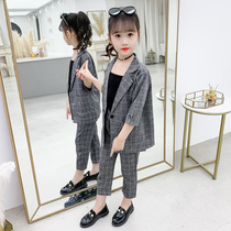 Girl Suit 2021 Spring and Autumn Middle Childrens foreign style fashion British Plaid small suit three-piece parent-child suit
