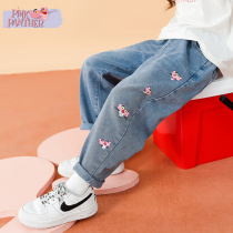Pink leopard tide childrens clothing girls pants 2021 Spring and Autumn new childrens foreign style casual jeans big childrens trousers