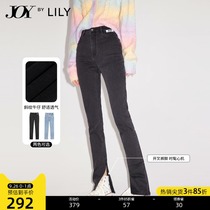 LILY2021 autumn new womens black high waist slim feet trousers side open casual straight jeans