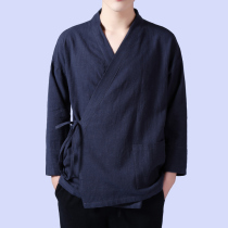 Spring and autumn Chinese style slanted Hanfu casual cotton linen Chinese style mens ancient pure linen coat performance Tang suit