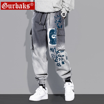 2021 autumn and winter overalls jeans mens fashion brand casual plus velvet loose trend trousers Korean version of Ruby handsome pants