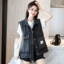 Black denim vest jacket womens 2021 spring and autumn new Korean version loose sleeveless waistcoat vest horse clip outside wear tide