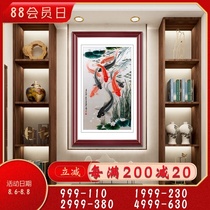 Ancient Wu female Red handmade Suzhou embroidery painting Living room Su Embroidery finished hanging painting Entrance decorative painting Nine fish more than a year