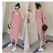 Hong Kong hooded striped loose size short sleeve long casual dress slim V-neck long dress sports dress summer