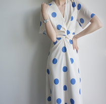 JO-JO-Z French Prussian blue Polka dot V-neck dress cross strap waist fashionable retro fresh women
