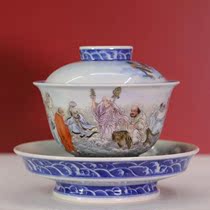 Yu Yin Kiln Yu Guowang made blue and white sea pastel eighteen arhans three Cai bowls (Hua Yixuan)