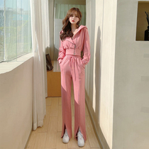Pink Fashion Casual Sports Suit Women Spring Autumn 2022 Body Thin Ocean Gas Mesh Red Fried Street Open Fork two sets