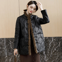 Haining leather down jacket women mink fur collar short coat light sheep leather loose plate buckle 2021 winter new