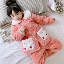 Childrens pajamas can be worn in winter with flannel triple-layer cotton for girls and velvet warm home wear