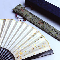 Good scenery ancient style folding fan ebony inlaid silver silk bamboo carved male fan Summer mens 18-bone four-grid view sprinkled gold