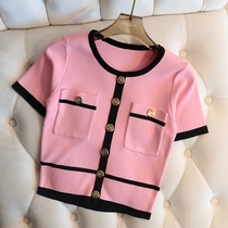 Pink age-reducing small fragrance 21 summer new contrast edge short slim sweater small short-sleeved top