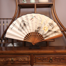 Mens folding fan 10-inch hand-painted Xuan paper ancient wind gift jade bamboo white paper fan landscape Wen playing daily calligraphy and painting brown bamboo fan